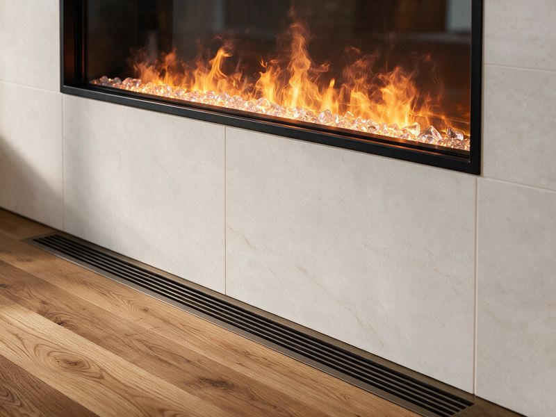 Concept render: the slim dark air grille slot along the base of a finished media wall, the linear water-vapour fire glowing softly above it.