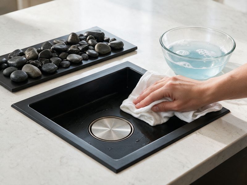 Concept render: the fire tray with the flame off and its river-rock top plate lifted off, a hand wiping the tray with a soft cloth, the small round mist disc visible in the tray floor.