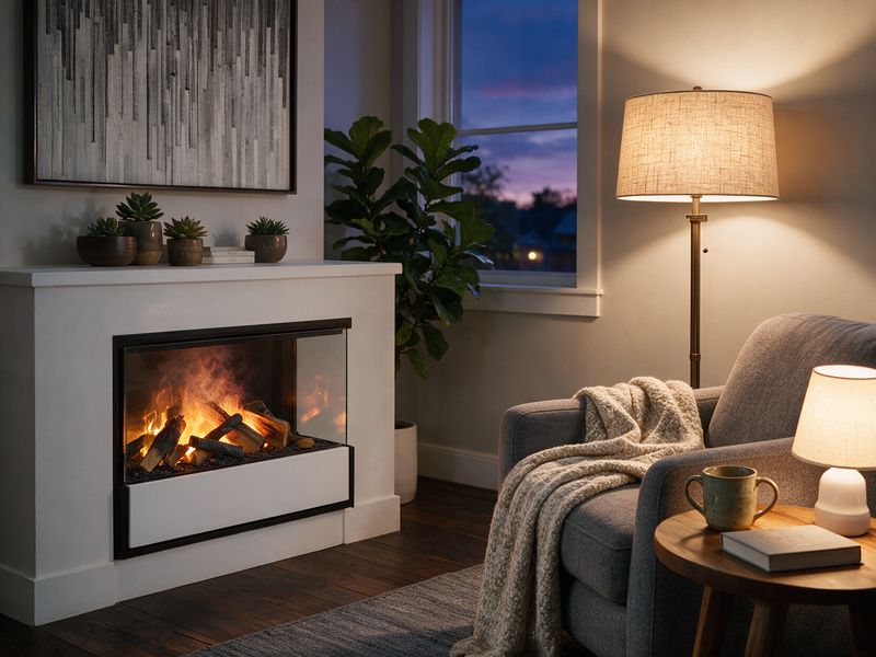 Concept render: a reading chair with a wool blanket pulled up close to the warm side of the three-sided fire in a knee wall, lamplight.