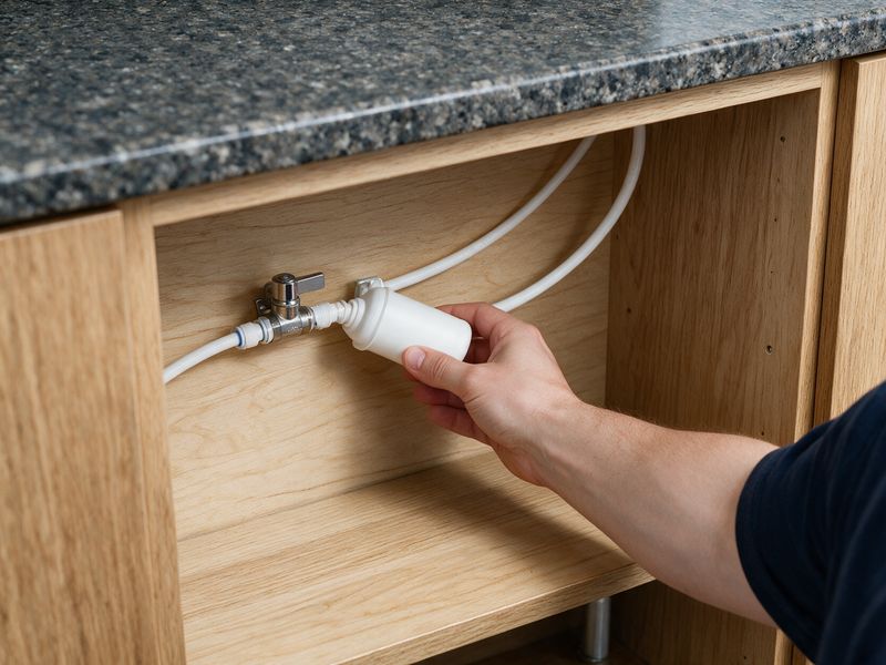 Concept render: inside a base cabinet, a hand twisting a small white softening cartridge on the slim water line to the fire, a chrome shutoff valve beside it.