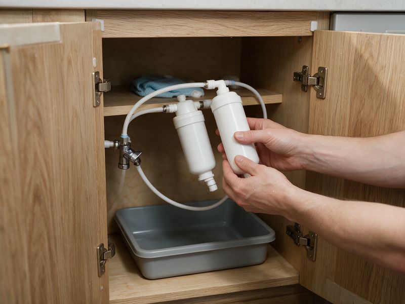 Concept render: two hands holding a new white softening cartridge beside the identical installed cartridge on the fire's water line, mid-swap.